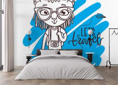 Cute little kitty in glasses with travel bag and camera. Inscription: let`s travel. Hand-drawn contour for children coloring. Wall mural